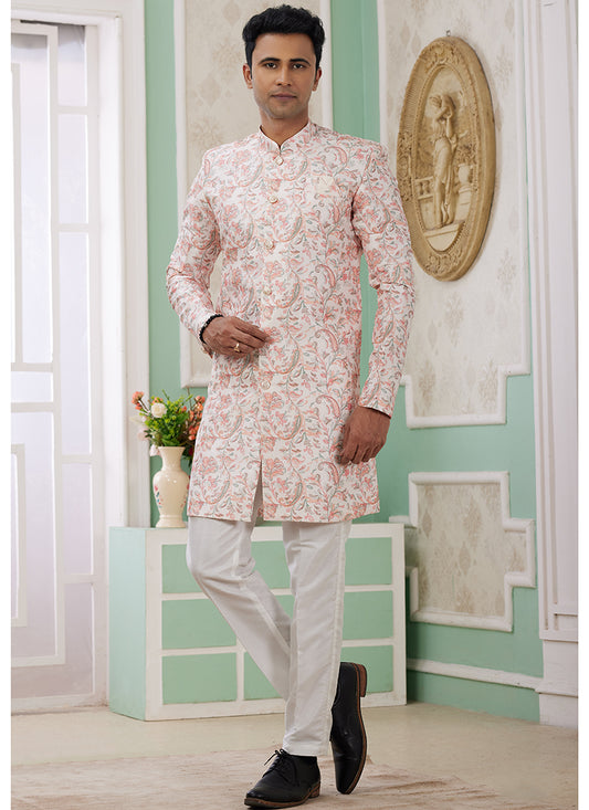 Readymade Banarasi Jacquard Peach Indo Western Sherwani with Embroidery Work for Festival Wear