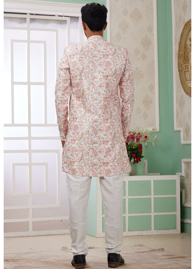 Readymade Banarasi Jacquard Peach Indo Western Sherwani with Embroidery Work for Festival Wear