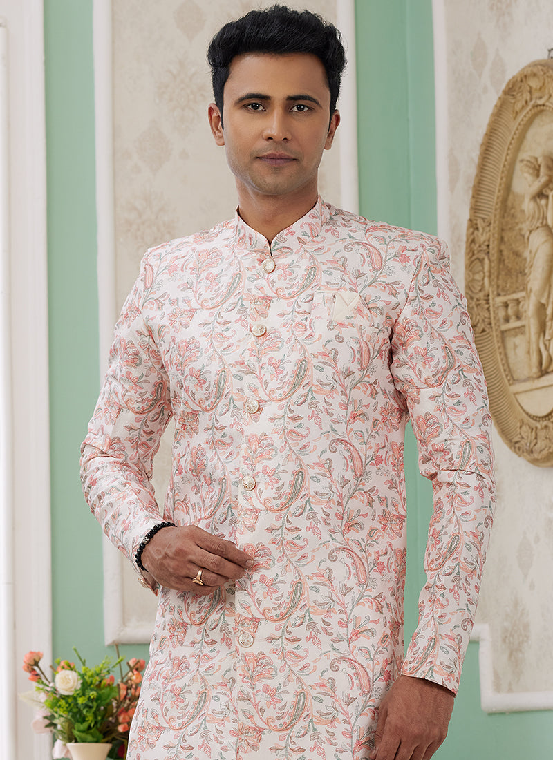Readymade Banarasi Jacquard Peach Indo Western Sherwani with Embroidery Work for Festival Wear