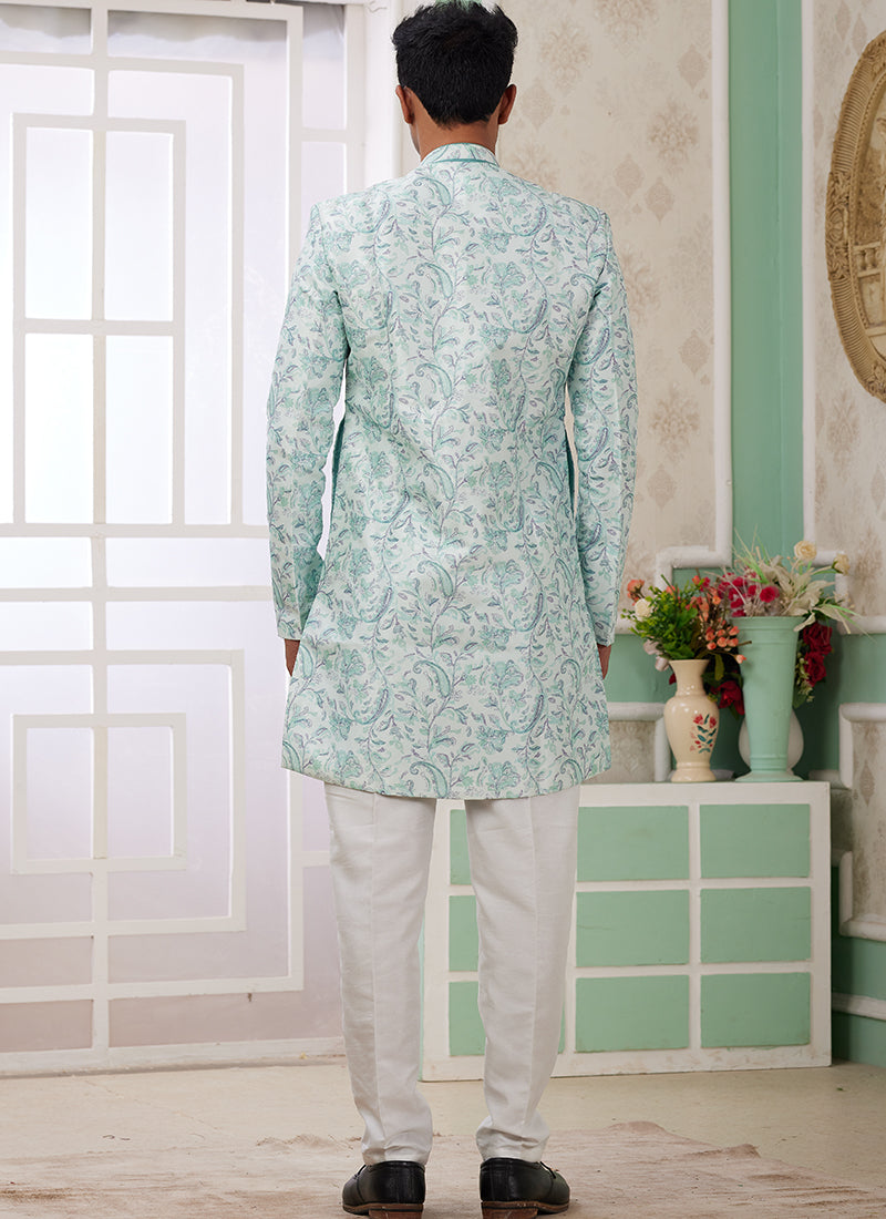 Readymade Banarasi Jacquard Green Indo Western Sherwani with Pattern PC Work for Festival Wear