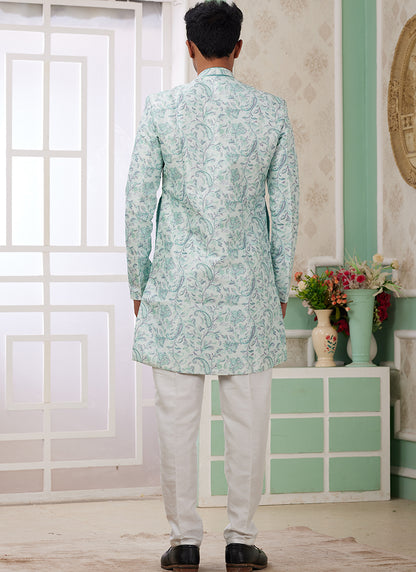 Readymade Banarasi Jacquard Green Indo Western Sherwani with Pattern PC Work for Festival Wear