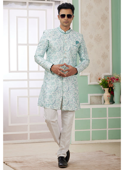 Readymade Banarasi Jacquard Green Indo Western Sherwani with Pattern PC Work for Festival Wear