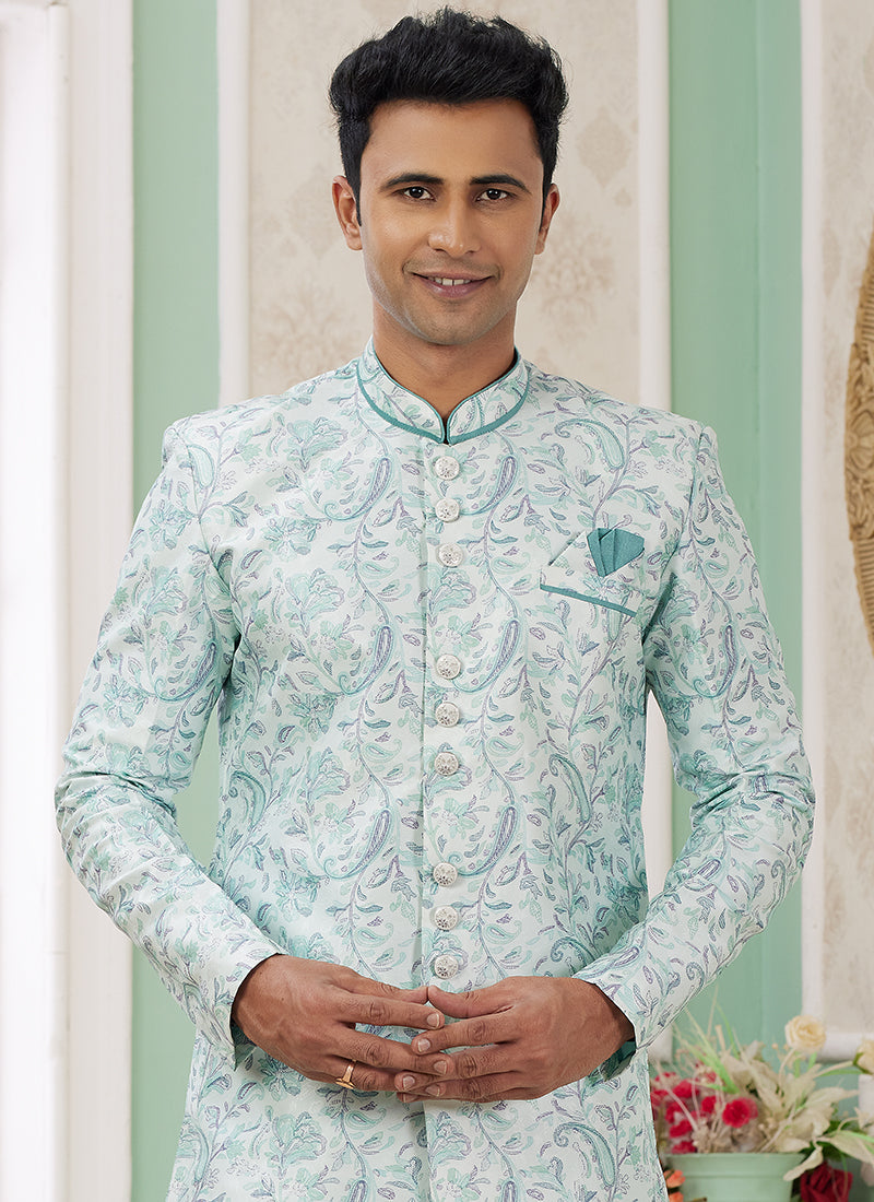 Readymade Banarasi Jacquard Green Indo Western Sherwani with Pattern PC Work for Festival Wear