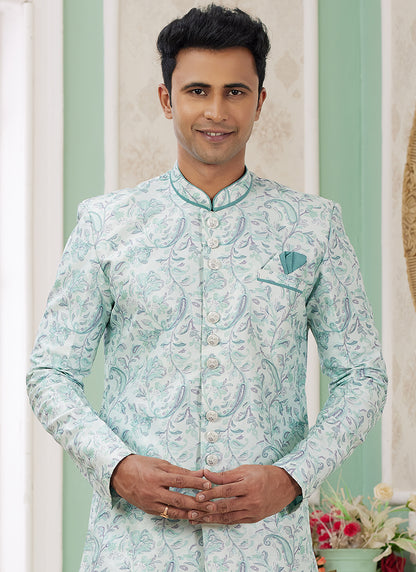 Readymade Banarasi Jacquard Green Indo Western Sherwani with Pattern PC Work for Festival Wear