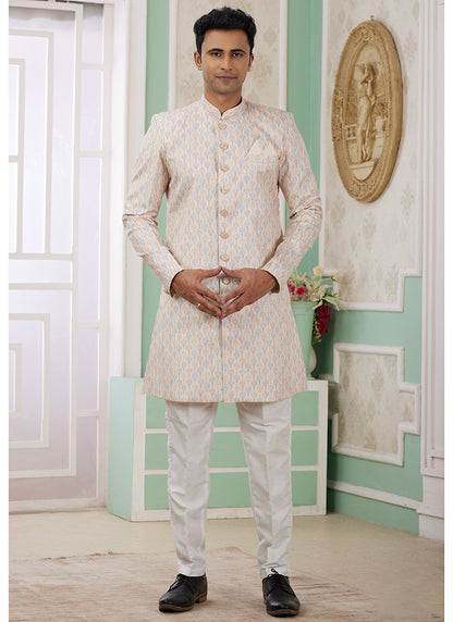 Readymade Banarasi Jacquard Beige Indo Western Sherwani with Pattern PC Work for Festival Wear