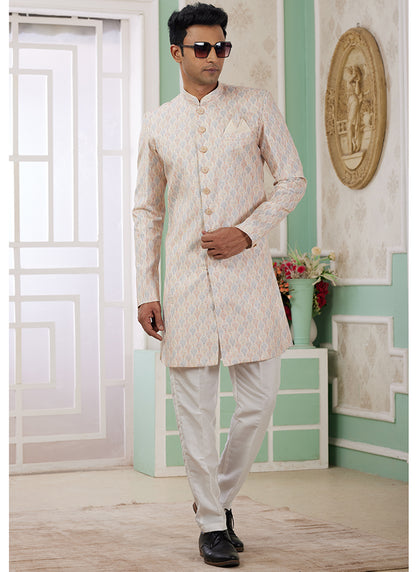 Readymade Banarasi Jacquard Beige Indo Western Sherwani with Pattern PC Work for Festival Wear