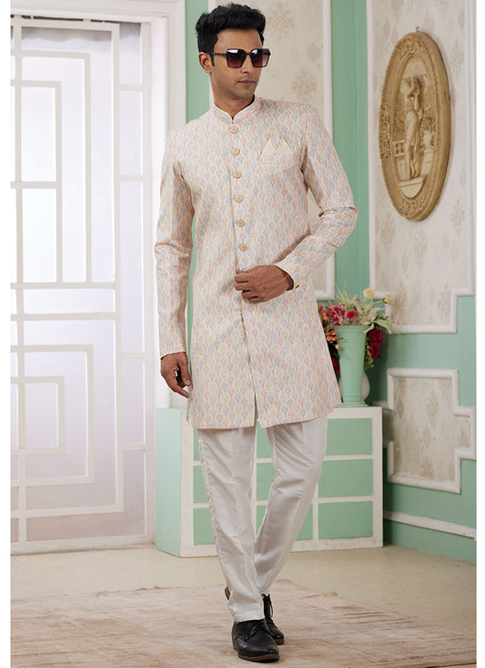 Readymade Banarasi Jacquard Beige Indo Western Sherwani with Pattern PC Work for Festival Wear