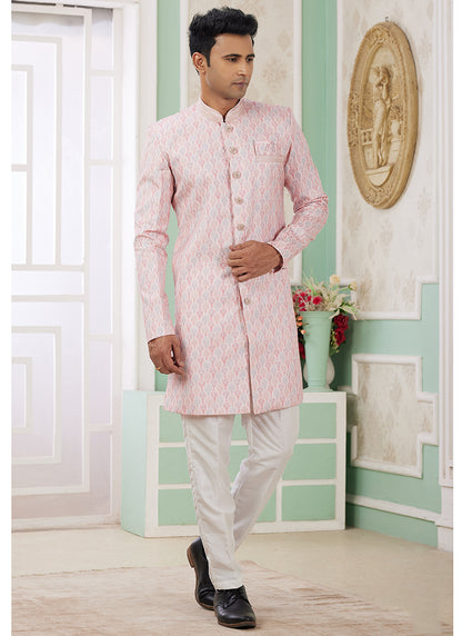 Readymade Banarasi Jacquard Baby Pink Indo Western Sherwani with Pattern PC Work for Festival Wear