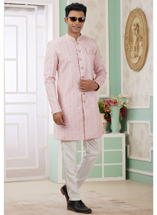 Readymade Banarasi Jacquard Baby Pink Indo Western Sherwani with Pattern PC Work for Festival Wear