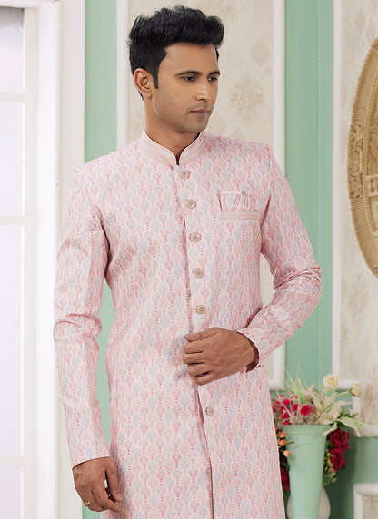 Readymade Banarasi Jacquard Baby Pink Indo Western Sherwani with Pattern PC Work for Festival Wear
