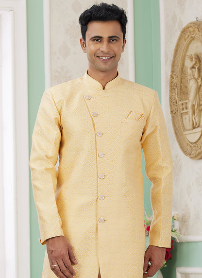 Readymade Banarasi Jacquard Yellow Indo Western Sherwani with Pattern PC Work for Festival Wear