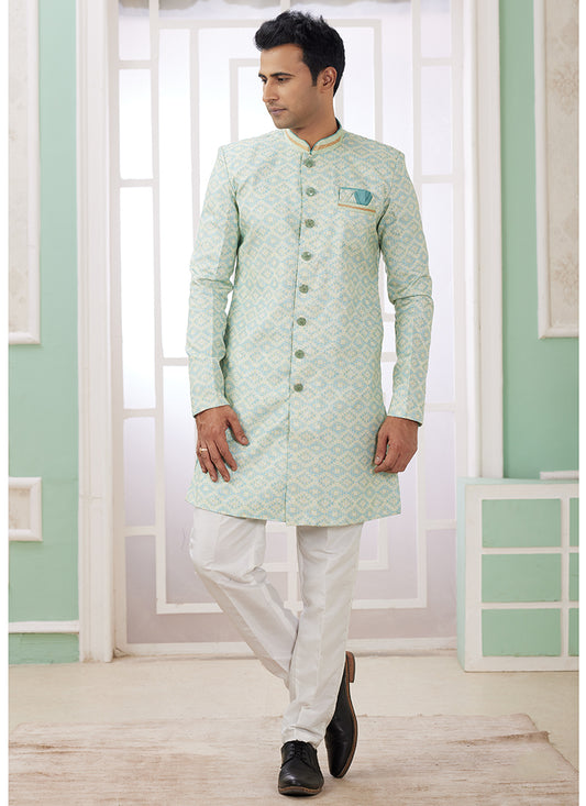 Readymade Banarasi Jacquard Light Green Indo Western Sherwani with Pattern PC Work for Festival Wear