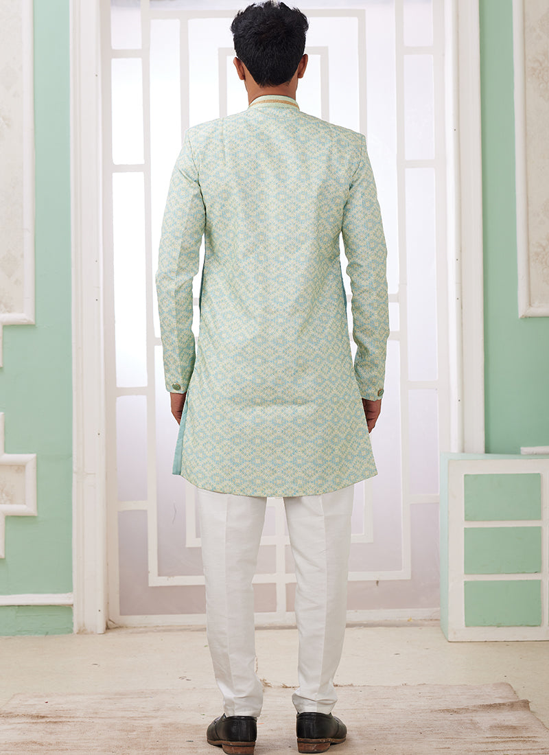 Readymade Banarasi Jacquard Light Green Indo Western Sherwani with Pattern PC Work for Festival Wear