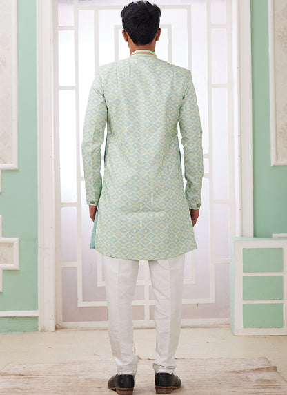 Readymade Banarasi Jacquard Light Green Indo Western Sherwani with Pattern PC Work for Festival Wear