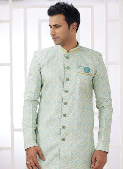 Readymade Banarasi Jacquard Light Green Indo Western Sherwani with Pattern PC Work for Festival Wear