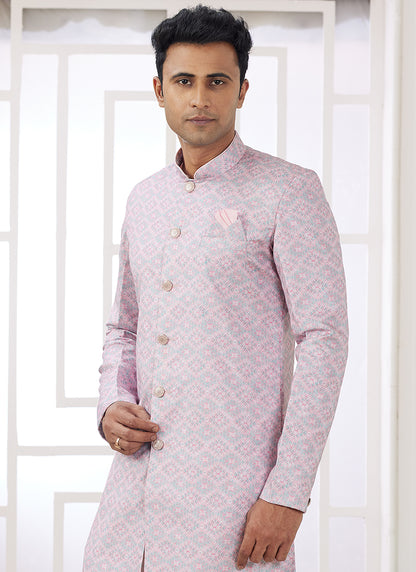 Readymade Banarasi Jacquard Pink Indo Western Sherwani with Pattern PC Work for Festival Wear