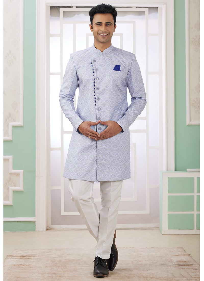 Readymade Banarasi Jacquard Light Blue Indo Western Sherwani with Embroidery Work for Festival Wear