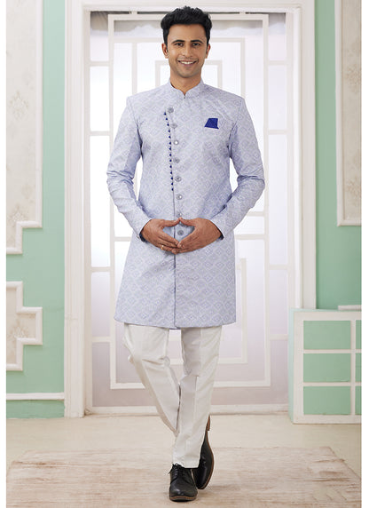 Readymade Banarasi Jacquard Light Blue Indo Western Sherwani with Embroidery Work for Festival Wear