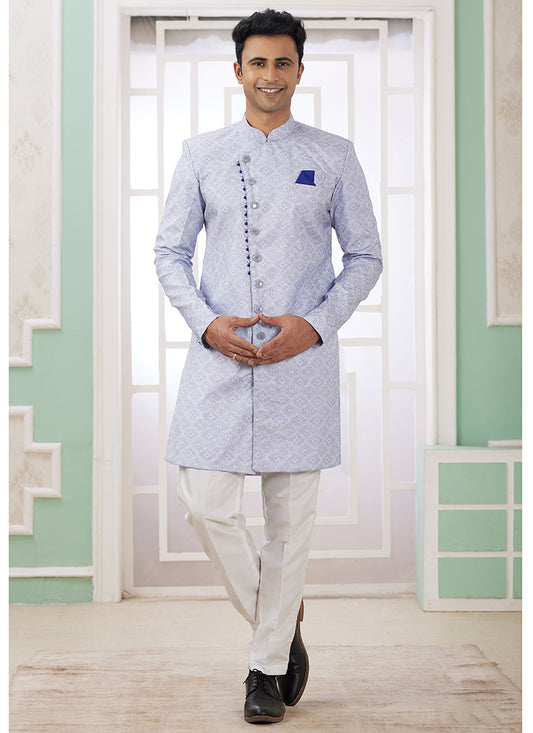 Readymade Banarasi Jacquard Light Blue Indo Western Sherwani with Embroidery Work for Festival Wear