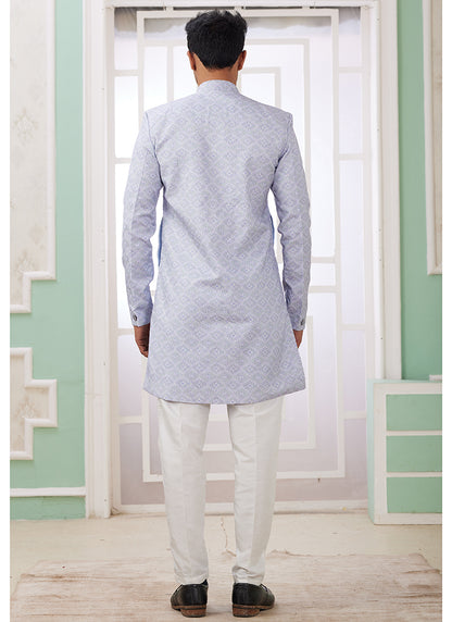 Readymade Banarasi Jacquard Light Blue Indo Western Sherwani with Embroidery Work for Festival Wear