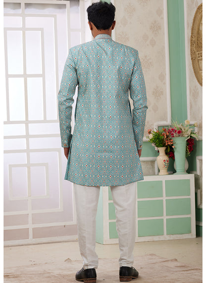 Readymade Banarasi Jacquard Turquoise Blue Indo Western Sherwani with Pattern PC Work for Festival Wear