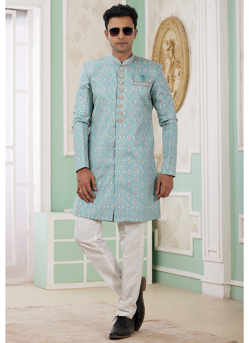 Readymade Banarasi Jacquard Turquoise Blue Indo Western Sherwani with Pattern PC Work for Festival Wear
