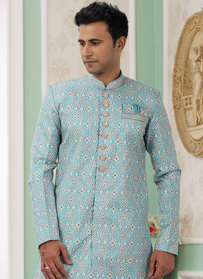 Readymade Banarasi Jacquard Turquoise Blue Indo Western Sherwani with Pattern PC Work for Festival Wear