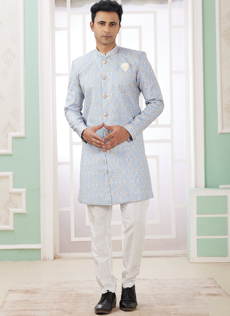 Readymade Banarasi Jacquard Sky Blue Indo Western Sherwani with Embroidery Work for Festival Wear