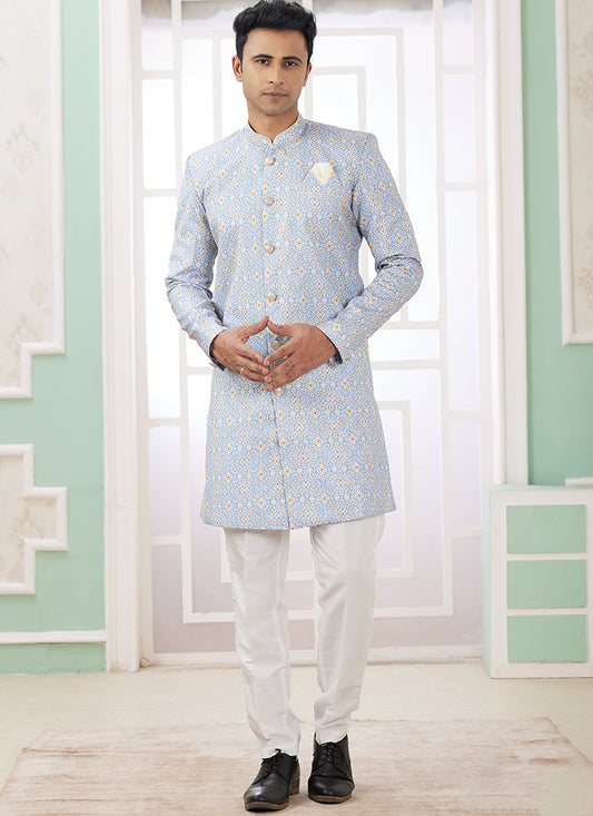 Readymade Banarasi Jacquard Sky Blue Indo Western Sherwani with Embroidery Work for Festival Wear