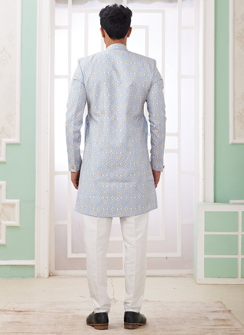 Readymade Banarasi Jacquard Sky Blue Indo Western Sherwani with Embroidery Work for Festival Wear