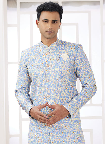 Readymade Banarasi Jacquard Sky Blue Indo Western Sherwani with Embroidery Work for Festival Wear