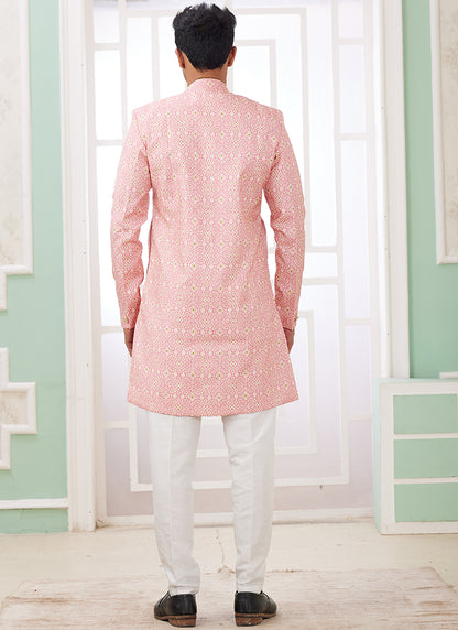 Readymade Banarasi Jacquard Pink Indo Western Sherwani with Embroidery Work for Festival Wear