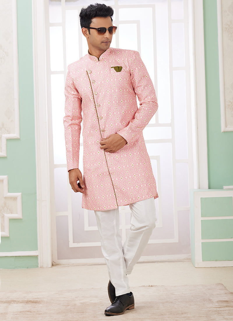 Readymade Banarasi Jacquard Pink Indo Western Sherwani with Embroidery Work for Festival Wear