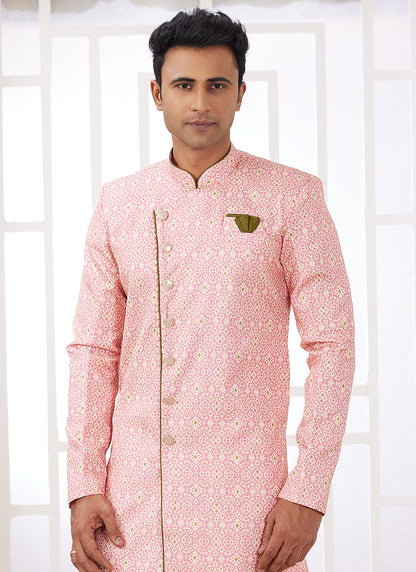 Readymade Banarasi Jacquard Pink Indo Western Sherwani with Embroidery Work for Festival Wear