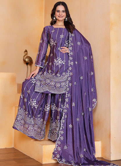 Chinon Purple Wedding Wear Embroidery Work Readymade Plazzo Suit 387669