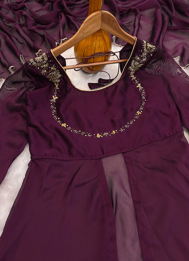 Silk Wine Party Wear Embroidery Work Readymade Western Suit 386901