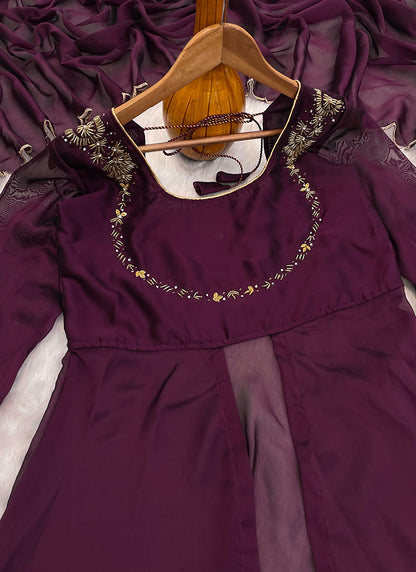 Silk Wine Party Wear Embroidery Work Readymade Western Suit 386901