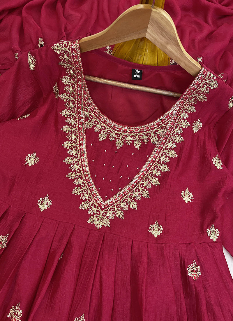 Vichitra Silk Maroon Festival Wear Sequins Work Readymade Anarkali Suit 386903