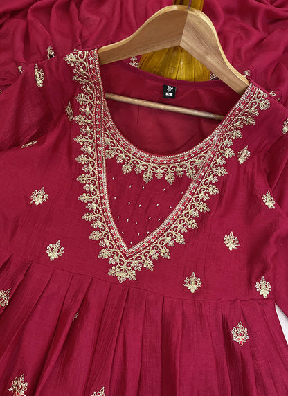 Vichitra Silk Maroon Festival Wear Sequins Work Readymade Anarkali Suit 386903