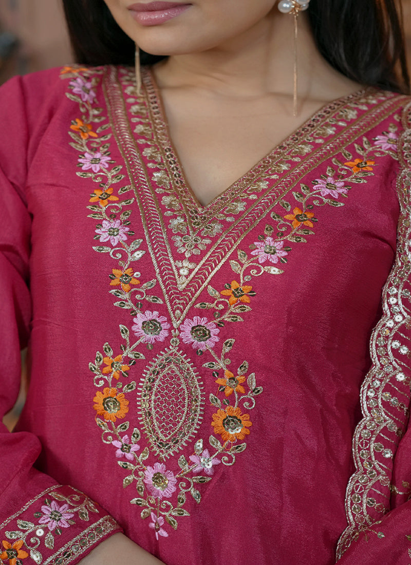 Chinon Rani Pink Festival Wear Embroidery Work Readymade Salwar Suit 386194