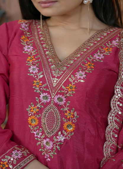 Chinon Rani Pink Festival Wear Embroidery Work Readymade Salwar Suit 386194