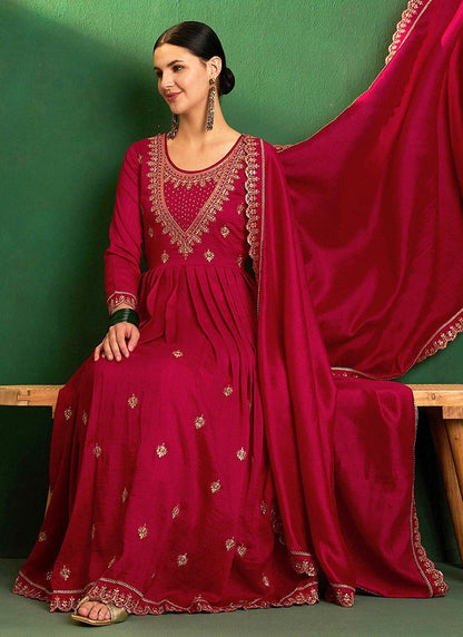 Vichitra Silk Maroon Festival Wear Sequins Work Readymade Anarkali Suit 386903