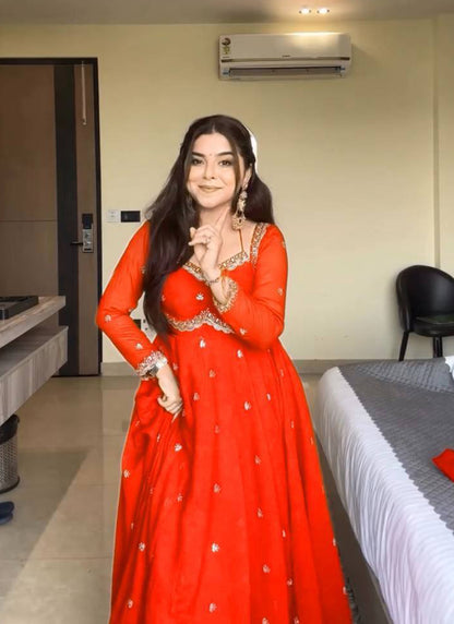 Faux Georgette Orange Festival Wear Embroidery Work Readymade Anarkali Gown 385967