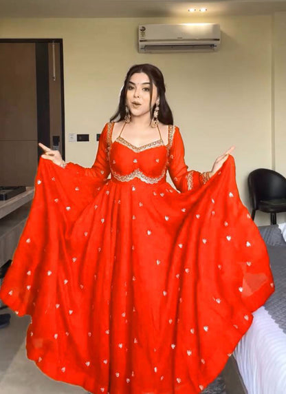 Faux Georgette Orange Festival Wear Embroidery Work Readymade Anarkali Gown 385967