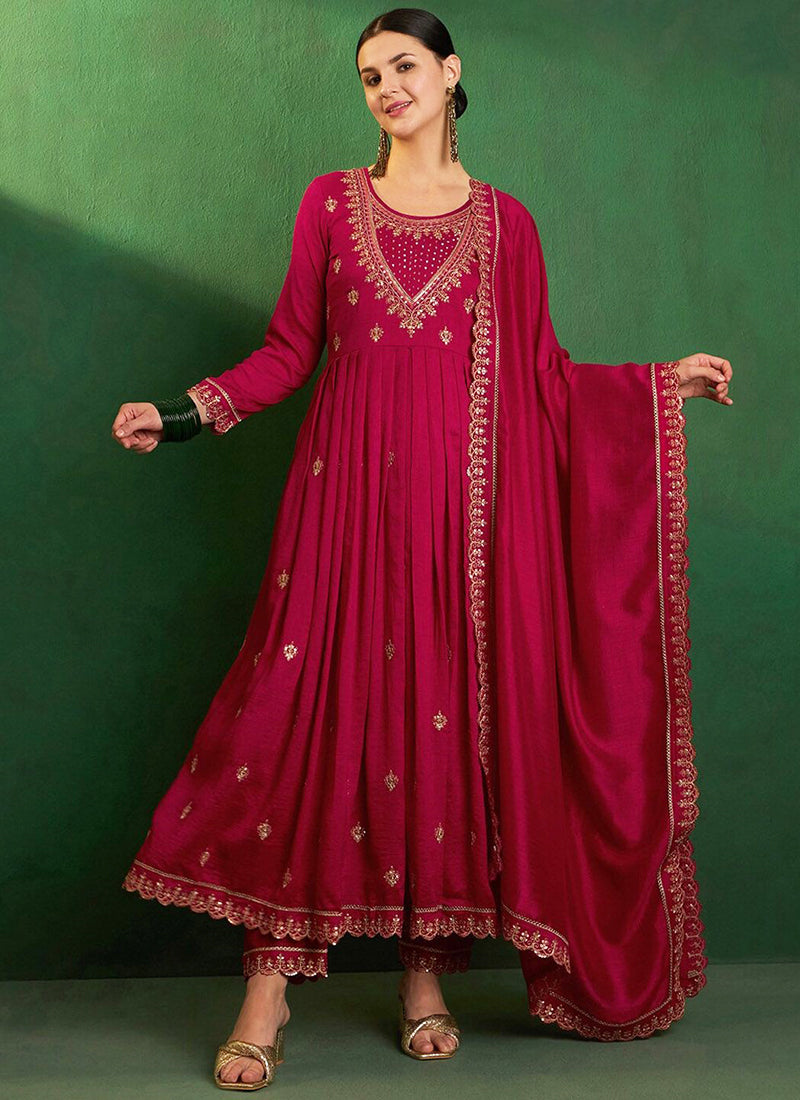 Vichitra Silk Maroon Festival Wear Sequins Work Readymade Anarkali Suit 386903