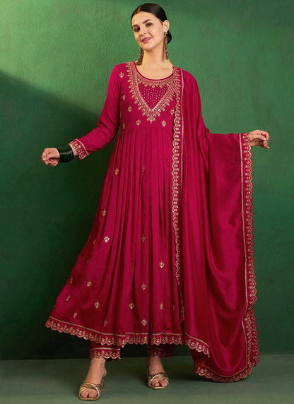 Vichitra Silk Maroon Festival Wear Sequins Work Readymade Anarkali Suit 386903