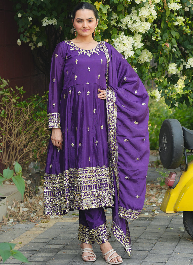 Chinon Violet Festival Wear Sequin Embroidery Work Readymade Anarkali Suit 386385