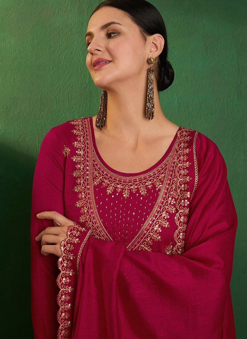 Vichitra Silk Maroon Festival Wear Sequins Work Readymade Anarkali Suit 386903