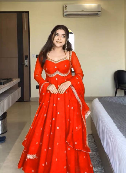 Faux Georgette Orange Festival Wear Embroidery Work Readymade Anarkali Gown 385967