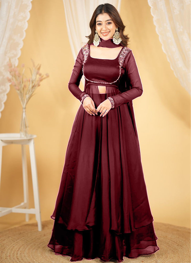 Silk Wine Party Wear Embroidery Work Readymade Western Suit 386901